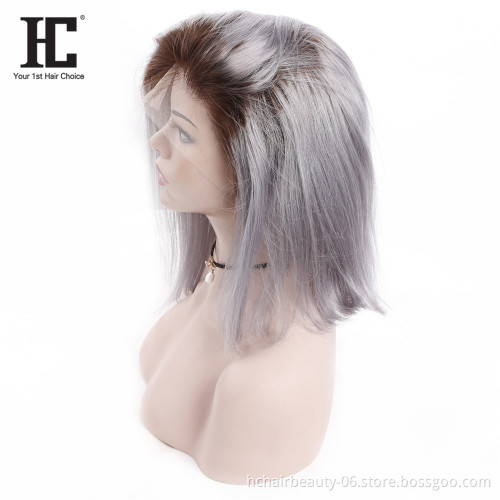 Highest Quality 10a Grade Ombre Dark Root 1B Grey Brazilian Hair Weave 4*4  Short Bob Virgin Human Hair Lace Front Wig